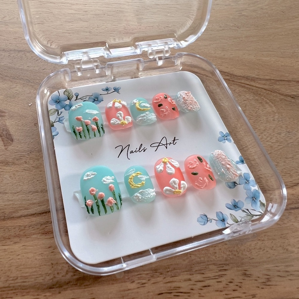Pink and Blue Short Length Press-On Nails Art Set